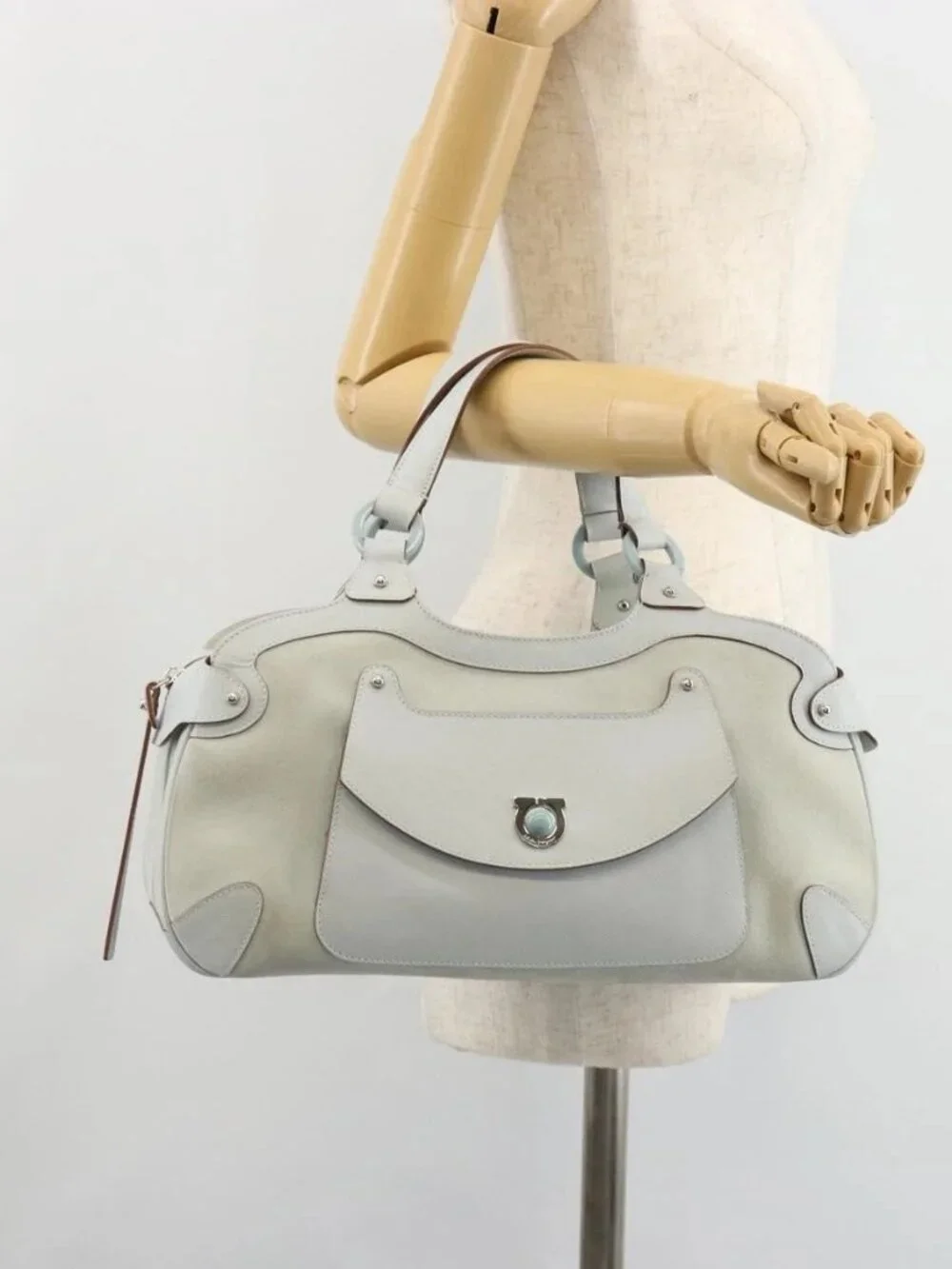Salvatore Ferragamo Hand Bag Suede Leather Light Blue Silver Auth ka4819A